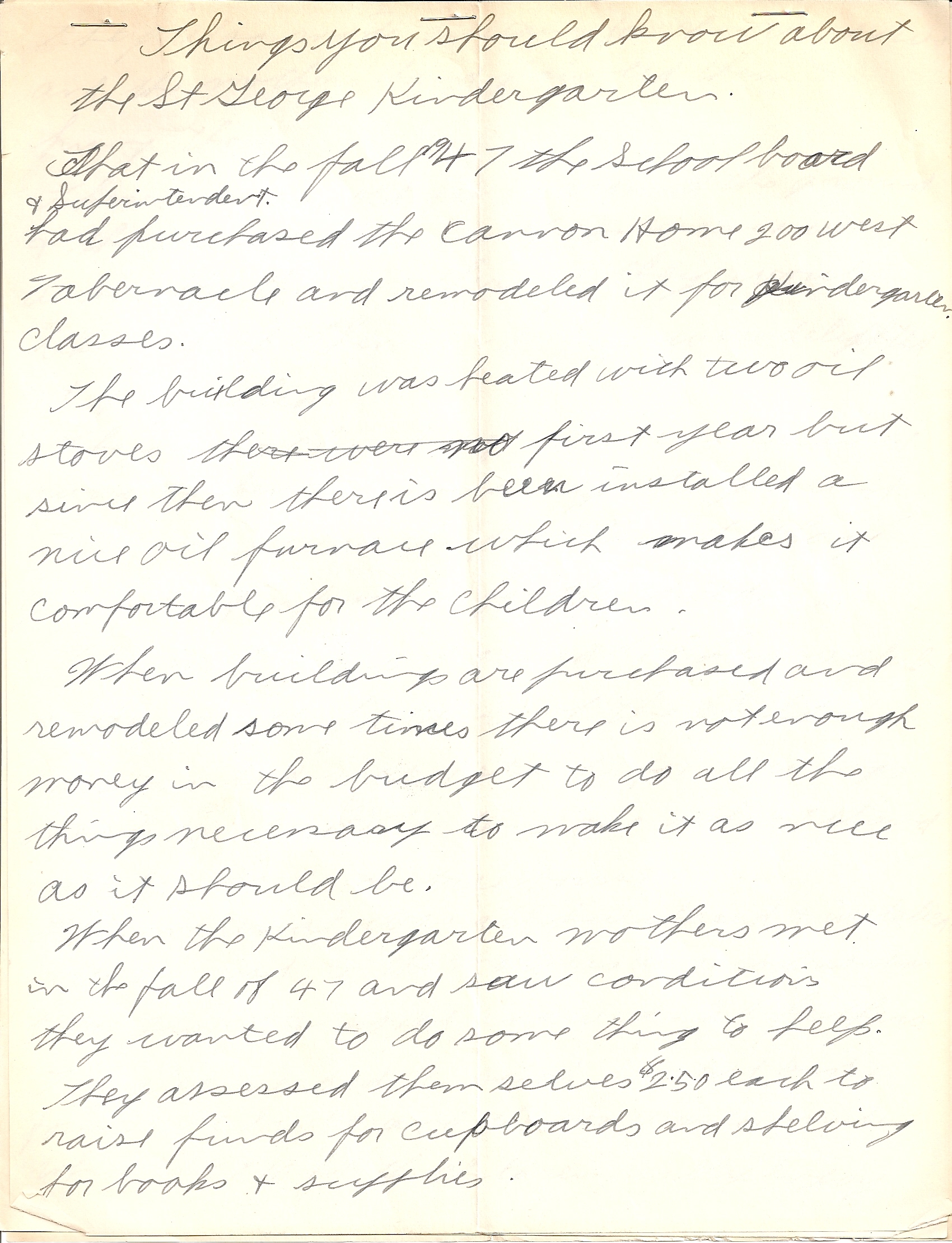 Page 1 of Vernon Worthen's notes on the St. George Kindergarten