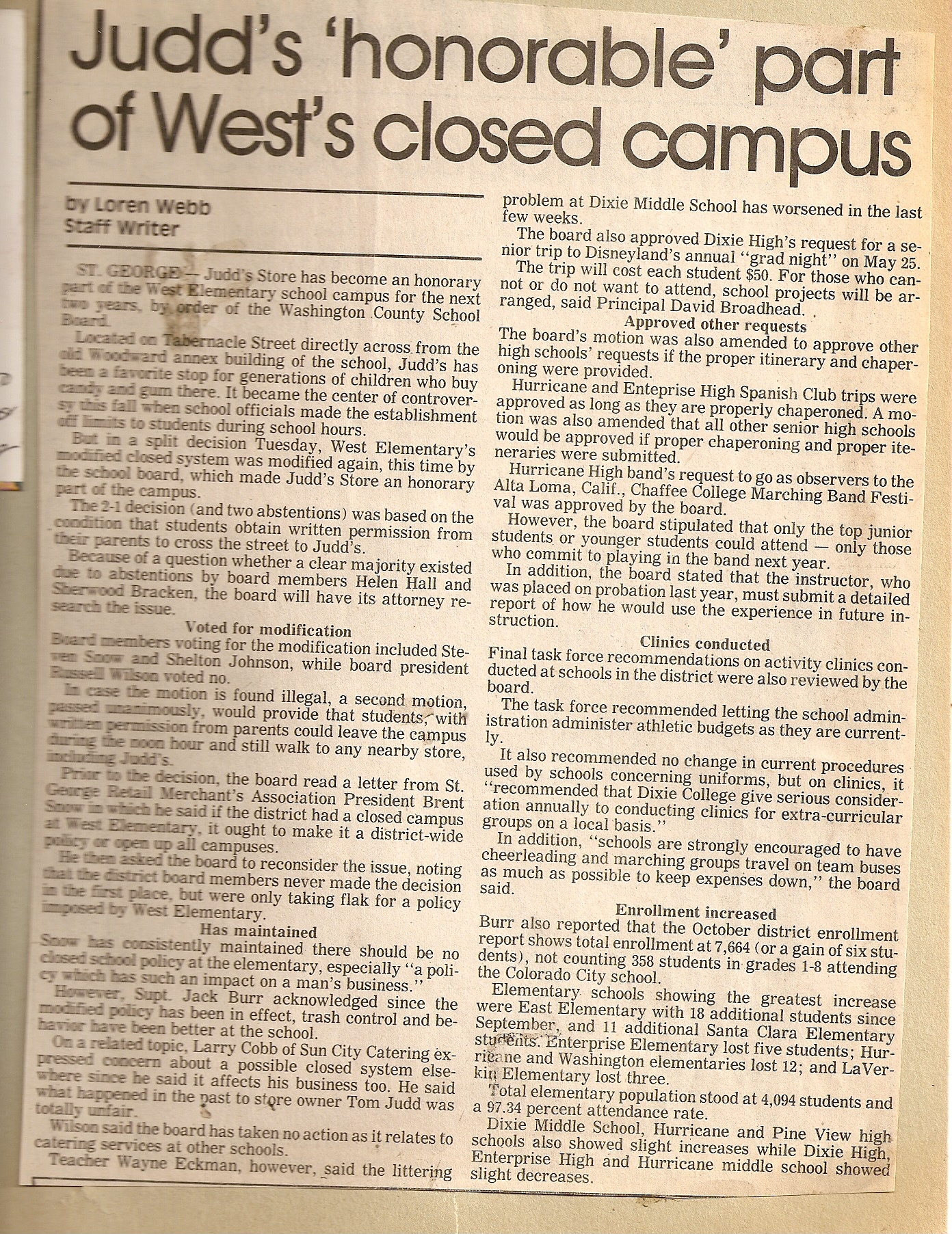 West Elementary School Closed Campus - Judd's Store Controversy Article