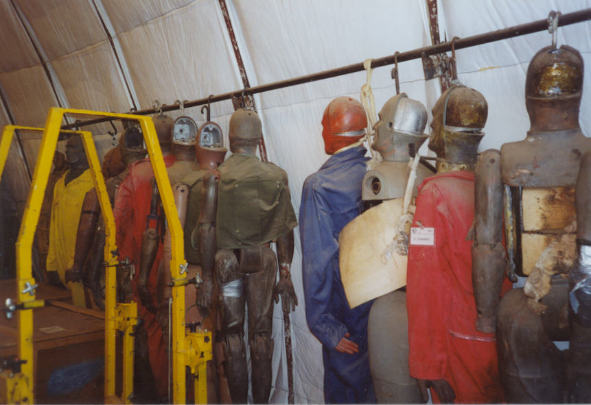 Test dummies on a rack