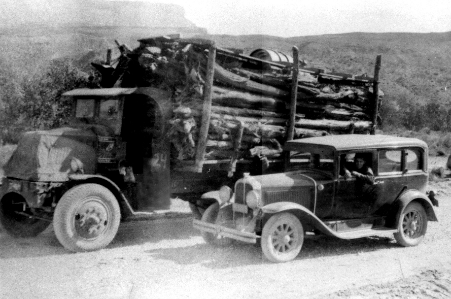 WCHS-01093 Warren Cox's car and one of his old trucks hauling wood