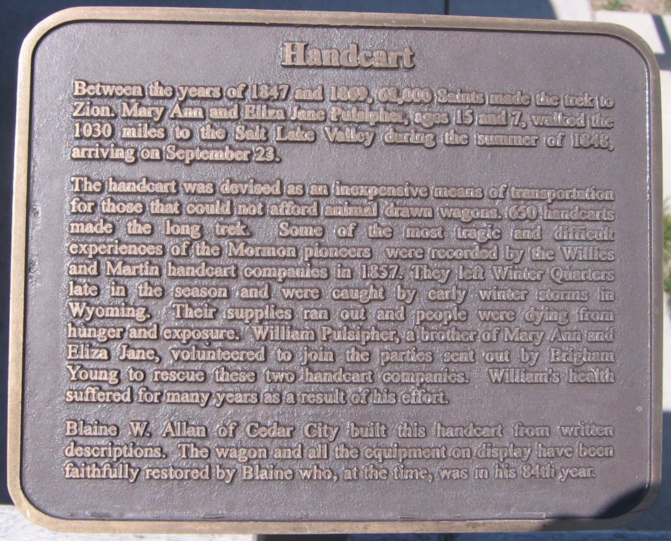 'Handcart' descriptive plague at the Terry Heritage Park