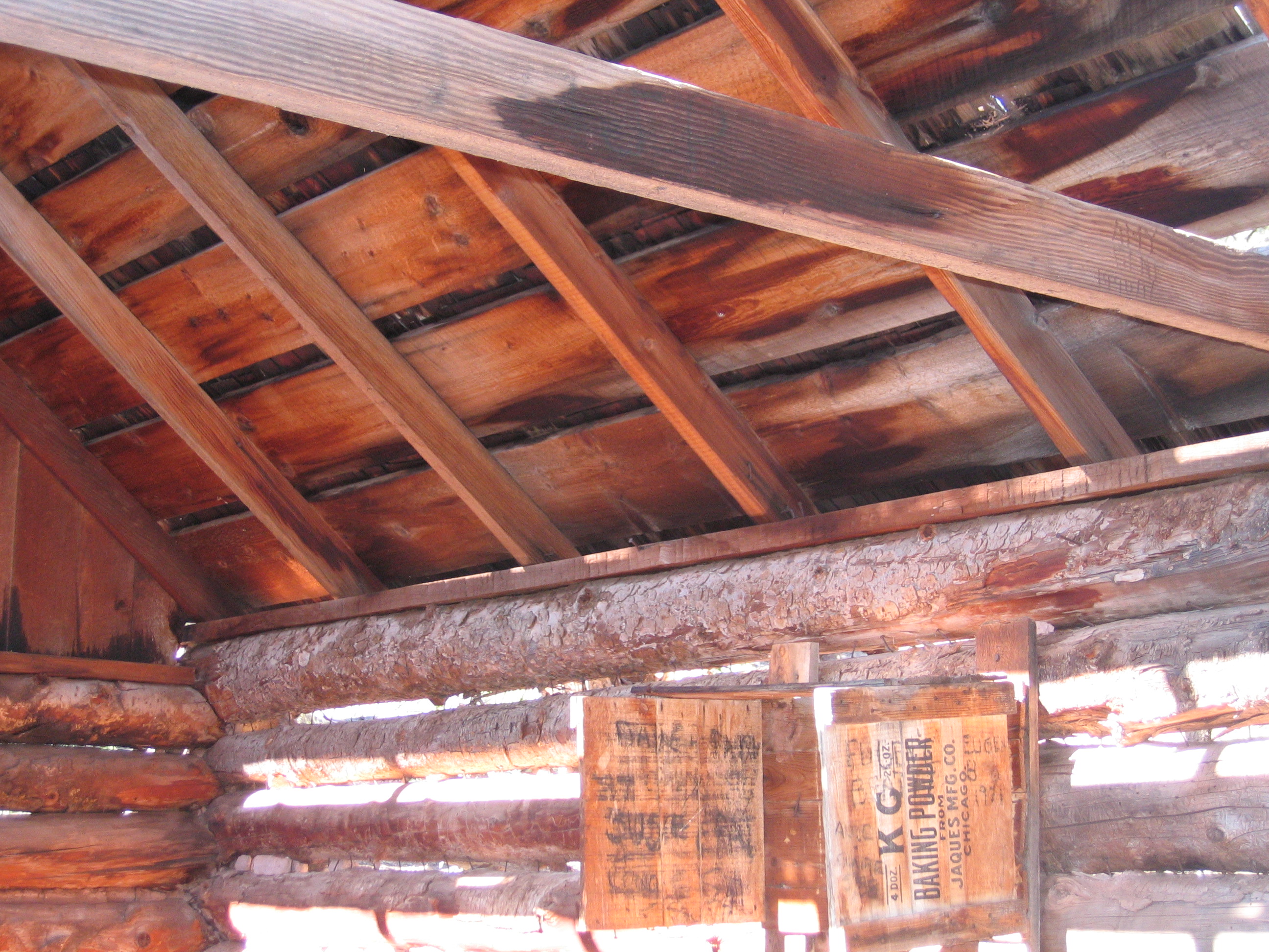 Ceiling rafters and box shelf in the Larson cabin